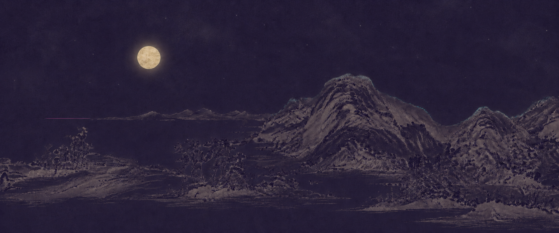 Generated ink-wash handscroll: a full moon over night mountains